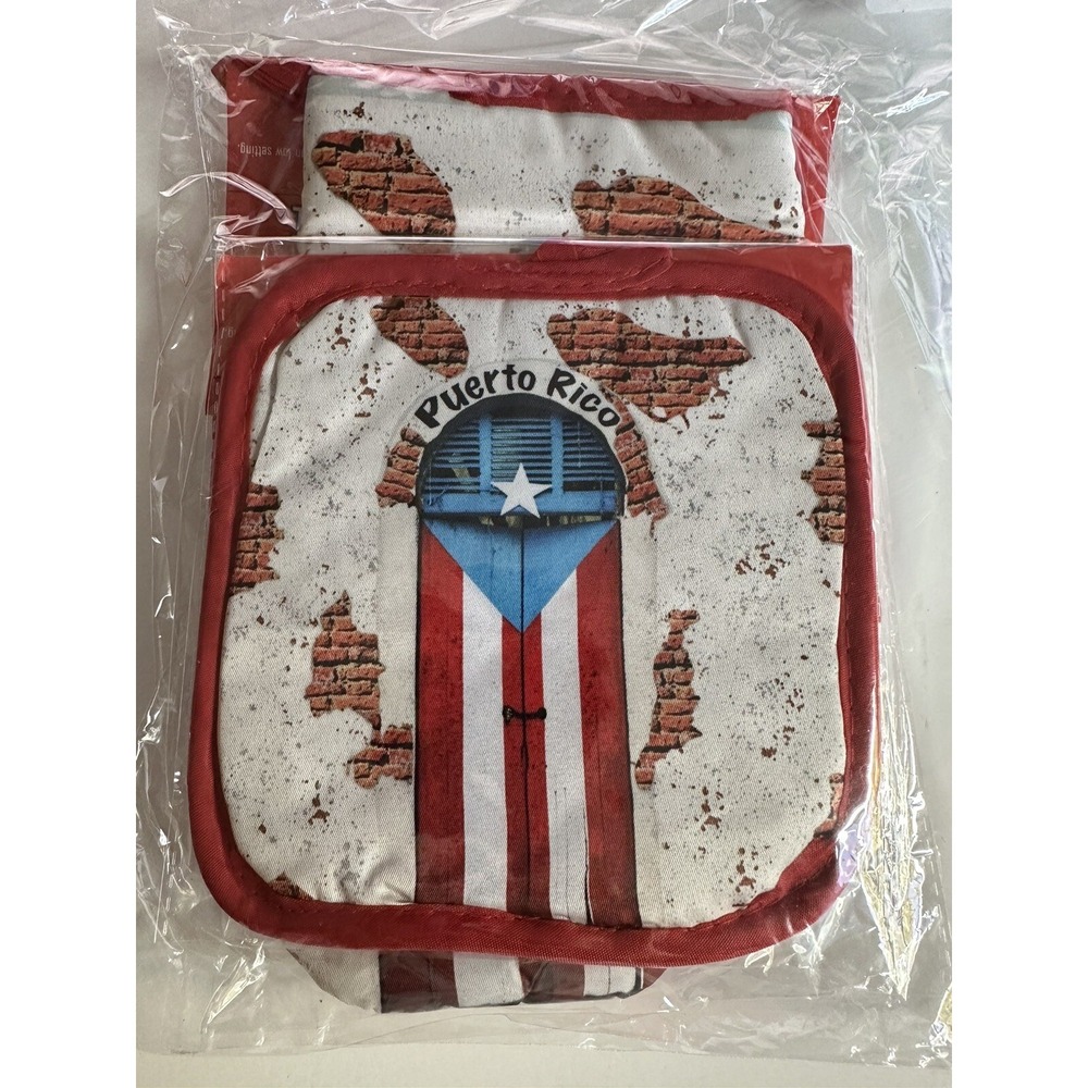 Puerto Rico Kitchen Pot Holder and Mitts 2 Piece Set Red White Blue Cotton